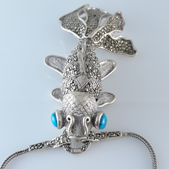 Gold Fish Marcasite and Turquoise Necklace - Picture 9 of 11